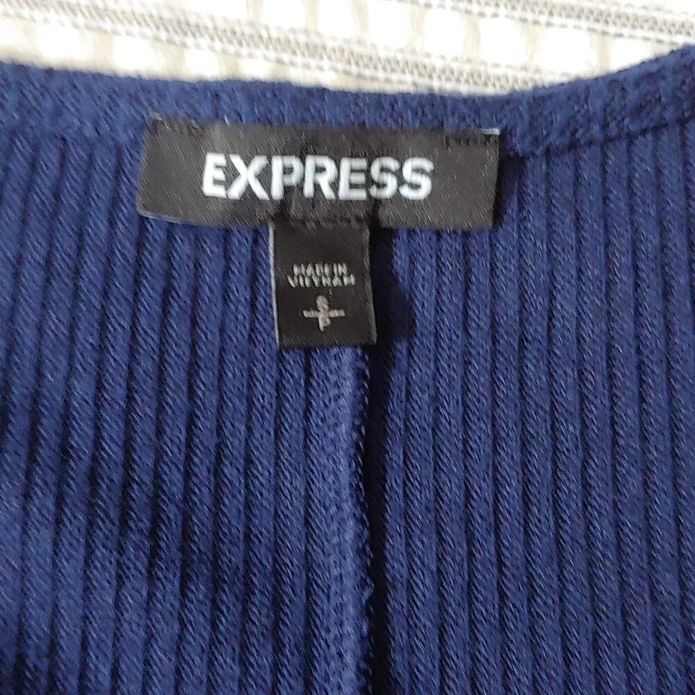 EXPRESS Faux Wrap Knit Dress Navy Blue Long Sleeve Size S - Picture 4 of 5